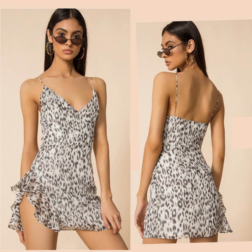 Sundown Mini Dress Lightweight Leopard Print Ruffled Slit V-Neck Spaghetti Strap